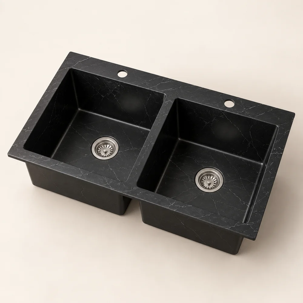 Black marble-effect double-bowl sink