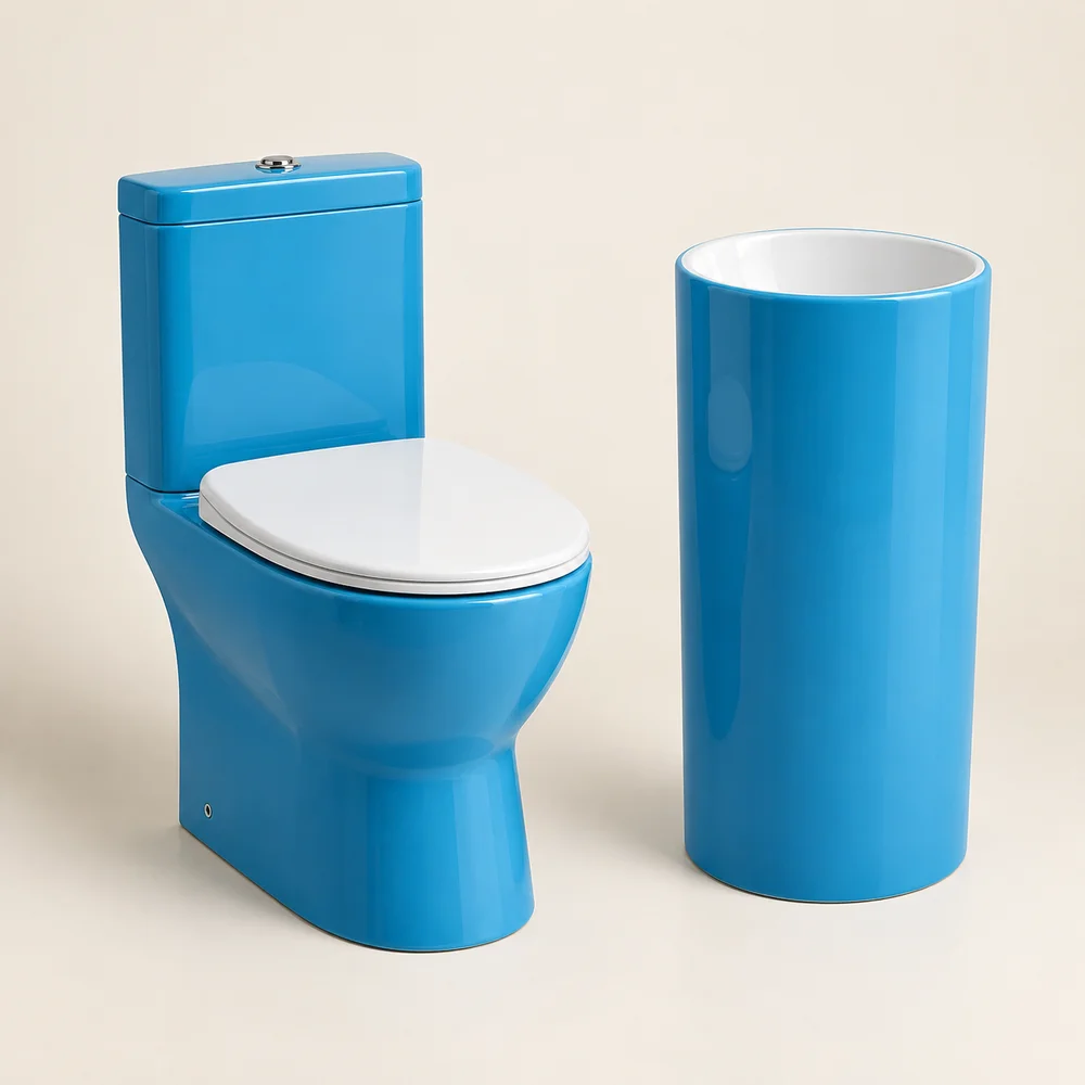 Blue WC & freestanding basin suite