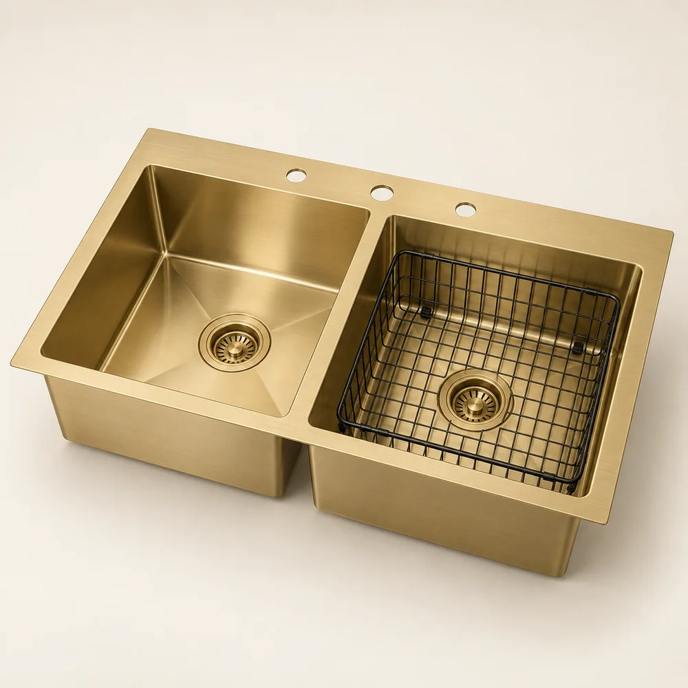 Gold-finish double-bowl kitchen sink
