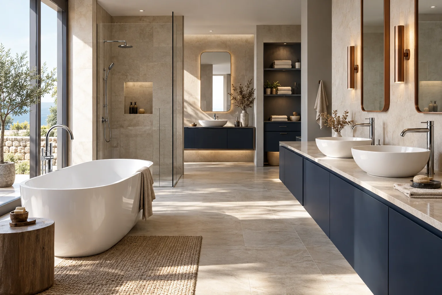 Bathroom design inspiration with fixtures, navy cabinetry and warm stone finishes